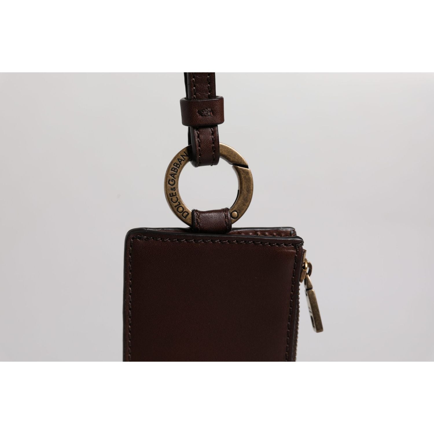 Dolce & Gabbana Brown Calf Leather Lanyard Logo Card Holder Wallet