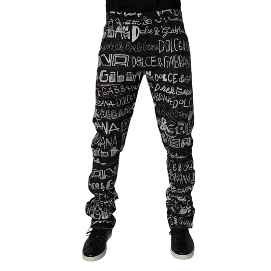 Dolce & Gabbana Black Cotton Logo Print Straight Denim Jeans Dolce & Gabbana