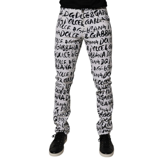 Dolce & Gabbana White Cotton Logo Print Skinny Denim Jeans Dolce & Gabbana