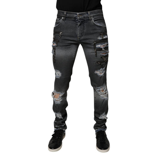 Dolce & Gabbana Dark Gray Tattered Cotton Skinny Denim Jeans Dolce & Gabbana