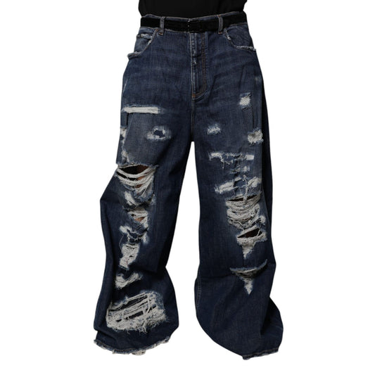 Dolce & Gabbana Dark Blue Tattered Wide Leg Men Denim Jeans Dolce & Gabbana