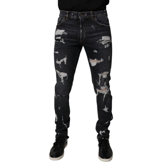 Dolce & Gabbana Black Tattered Cotton Skinny Men Denim Jeans Dolce & Gabbana
