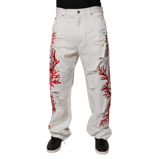 Dolce & Gabbana White Corals Tattered Straight Denim Jeans Dolce & Gabbana