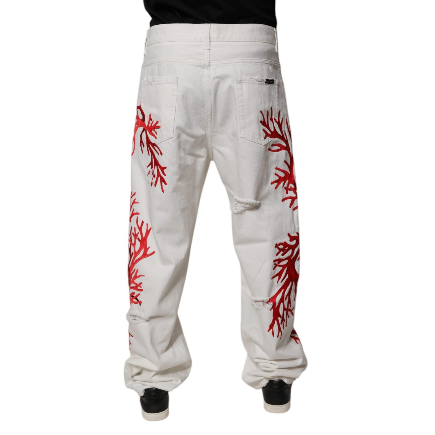 Dolce & Gabbana White Corals Tattered Straight Denim Jeans