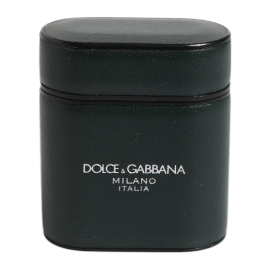 Dolce & Gabbana Green Calfskin Leather Logo Print Flip Holder Airpods Case