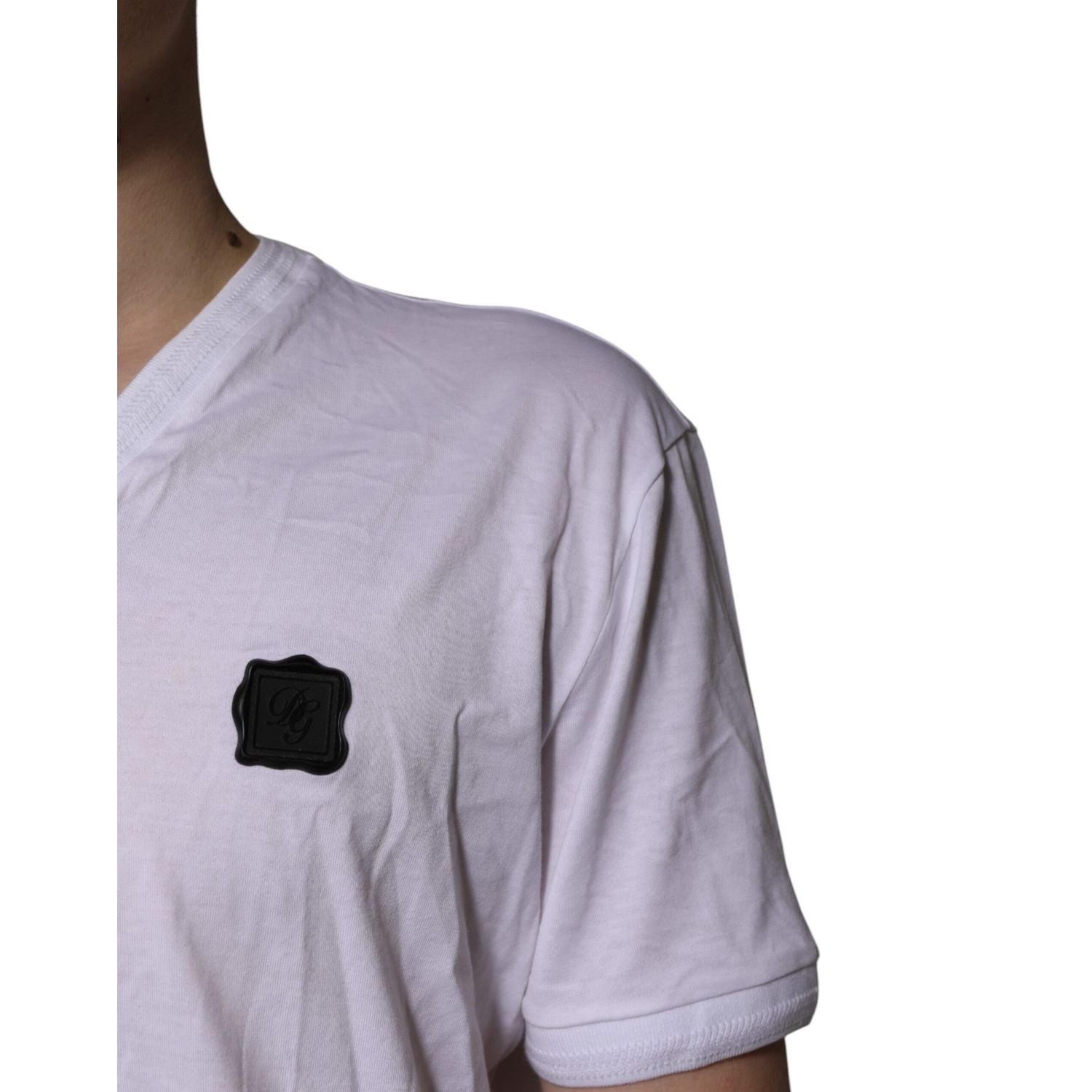 Dolce & Gabbana White Cotton Logo Patch V-neck Tee T-shirt