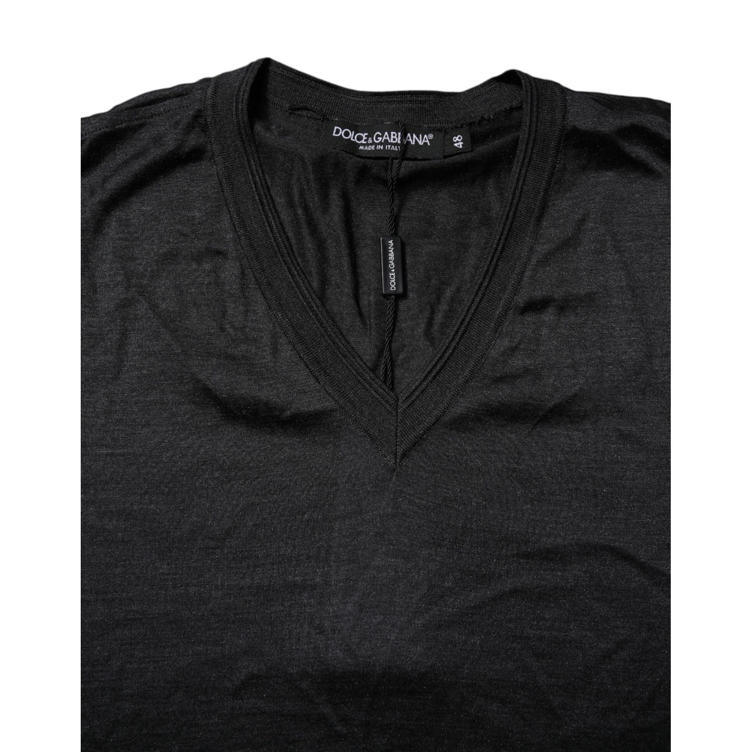 Dolce & Gabbana Dark Gray Silk V-neck Short Sleeves T-shirt
