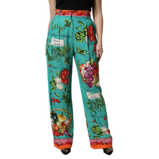 Dolce & Gabbana Green Silk Printed Straight Pants Dolce & Gabbana