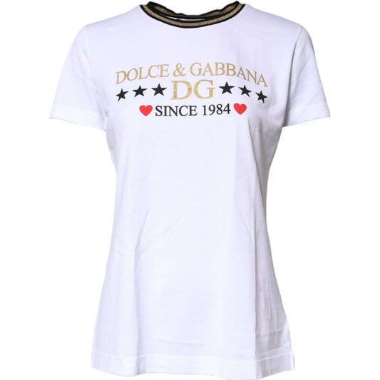 Dolce & Gabbana White Printed Round Neck Top Cotton T-shirt Dolce & Gabbana