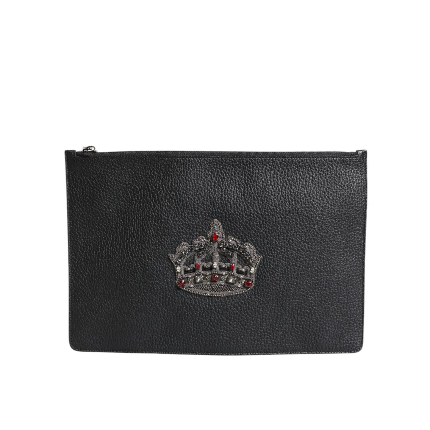 Dolce & Gabbana Black Calfskin Crown Embellished Clutch Pouch Bag