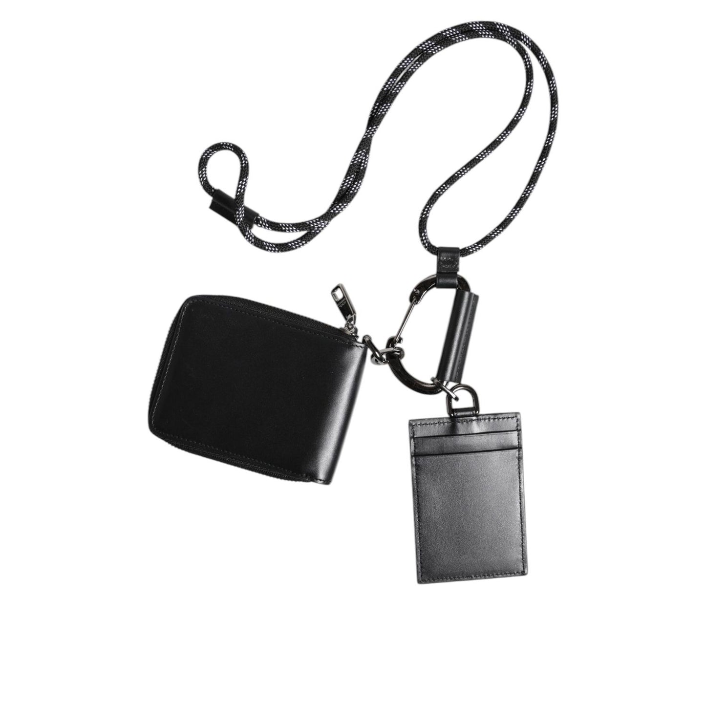 Dolce & Gabbana Black Leather Lanyard Zip Around Card Holder Wallet