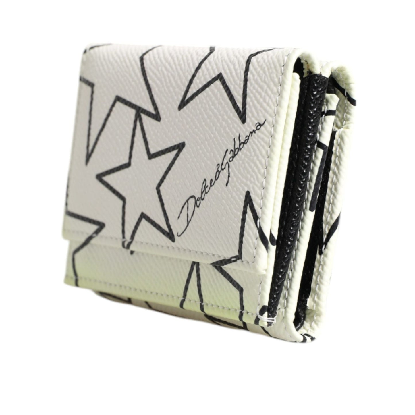Dolce & Gabbana White Leather Trifold DG Star Print Card Holder Wallet