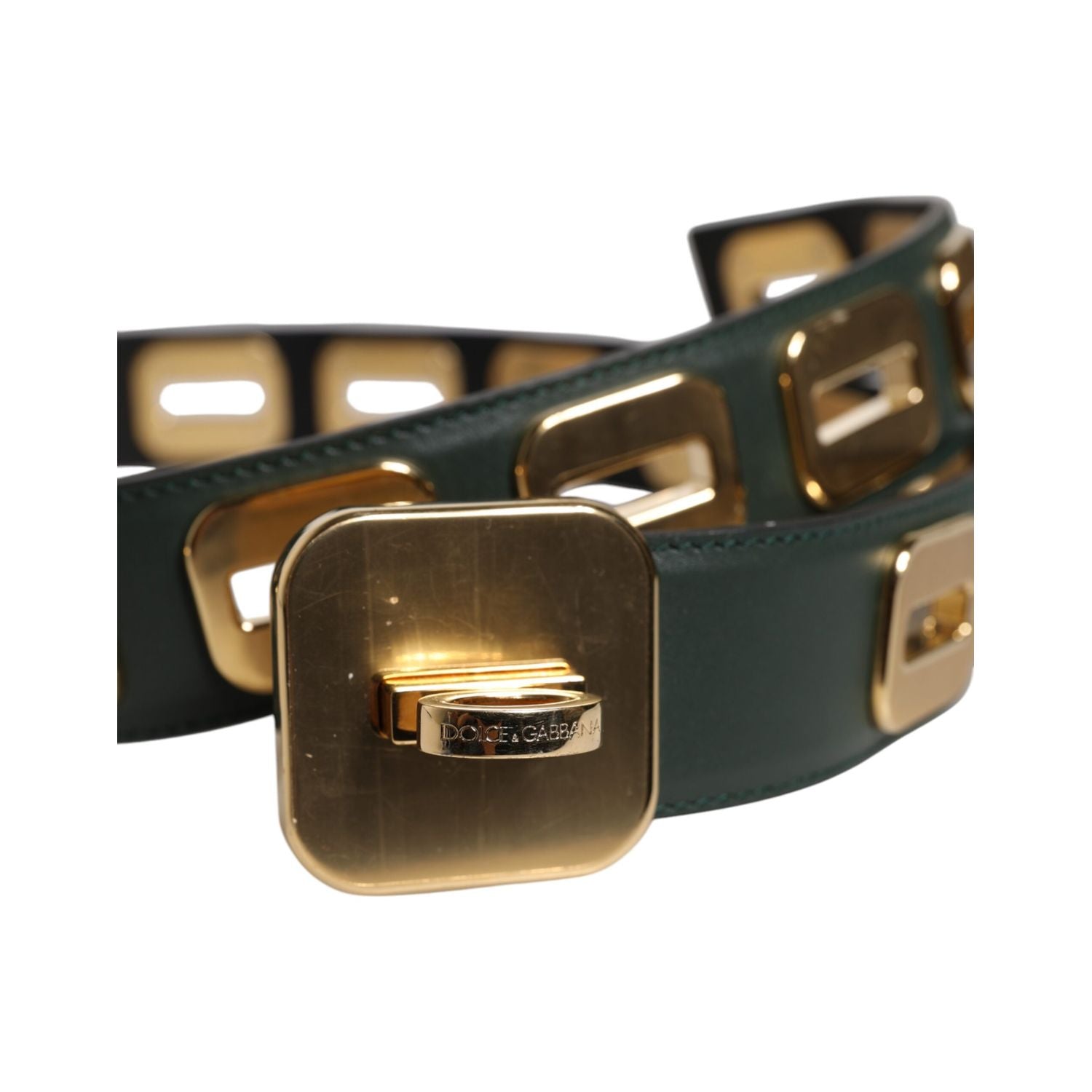 Dolce & Gabbana Green Leather Gold Tone Rotating Buckle Belt