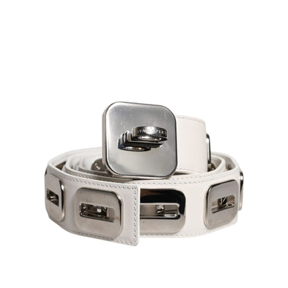 Dolce & Gabbana White Leather Gold Tone Rotating Buckle Belt