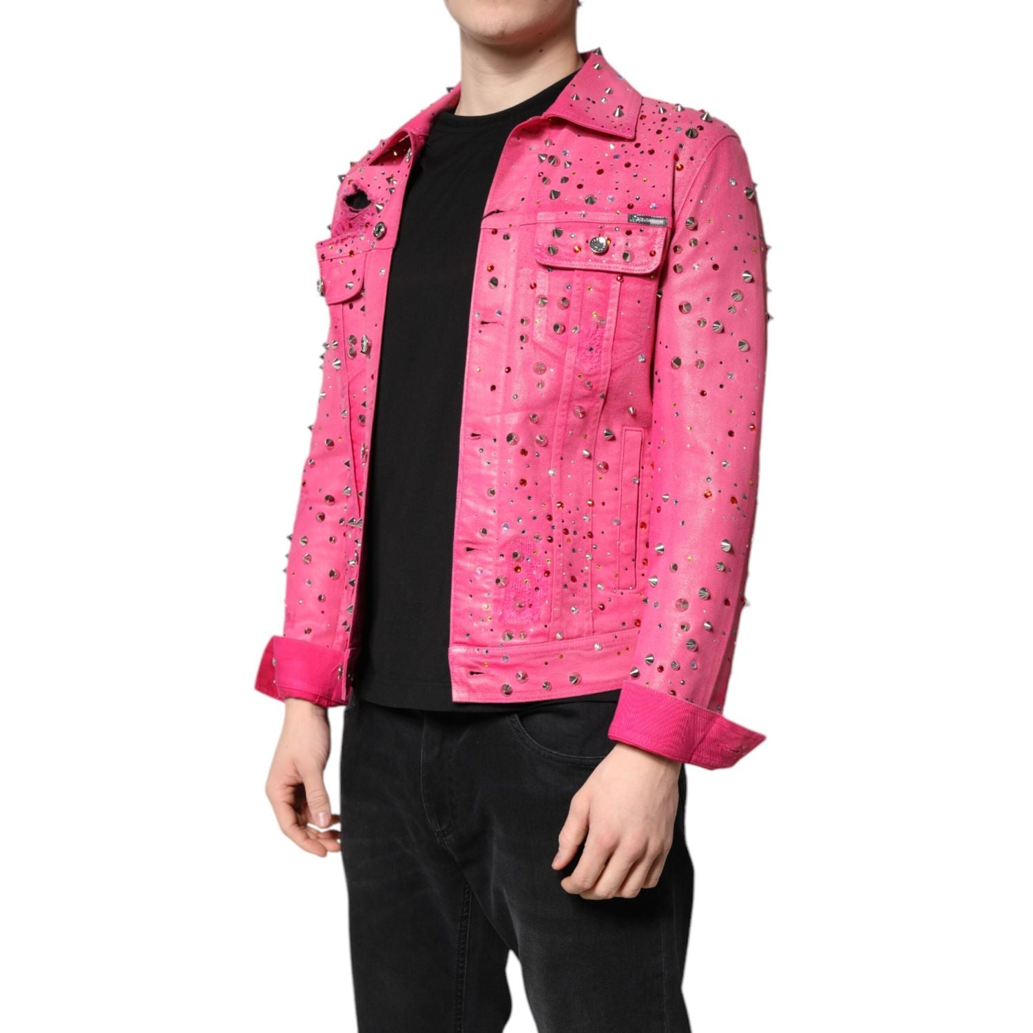 Dolce & Gabbana Pink Crystal Embellished Cotton Denim Jacket
