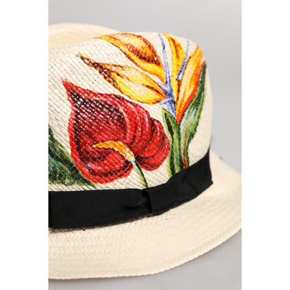 Dolce & Gabbana Beige Floral Print Straw Wide Brim Fedora Hat