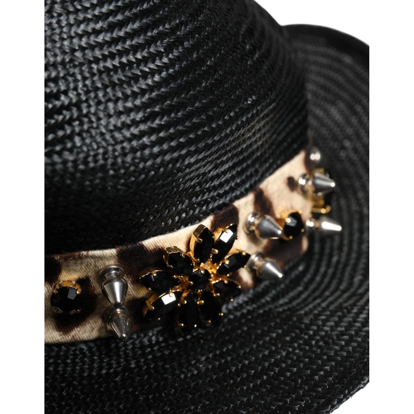 Dolce & Gabbana Black Straw Crystal Embellished Wide Brim Hat