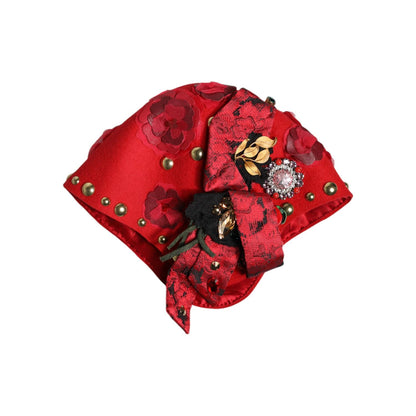 Dolce & Gabbana Red Crystal Gold Roses Brooch Embellished Hat
