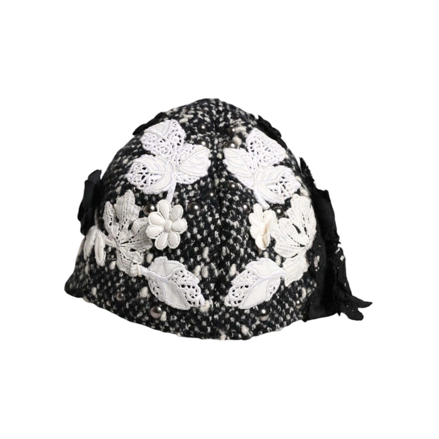 Dolce & Gabbana Black Wool White Floral Embellished Cloche Hat Dolce & Gabbana