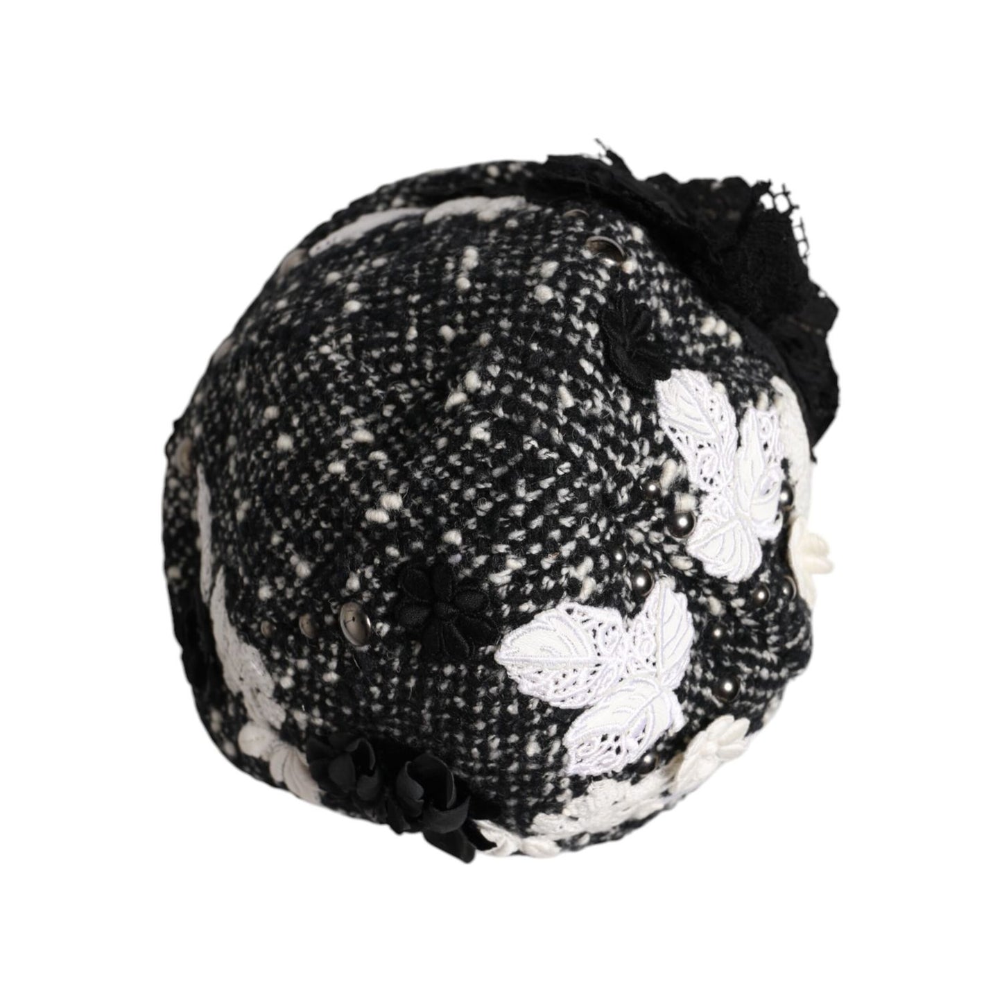 Dolce & Gabbana Black Wool White Floral Embellished Cloche Hat Dolce & Gabbana