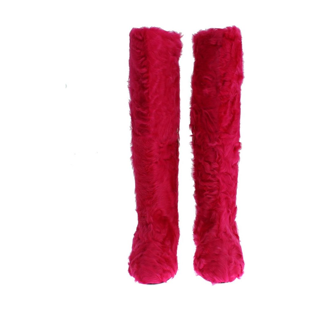 Dolce & Gabbana Elegant Pink Lambskin Fur Boots pink-lamb-fur-leather-flat-boots