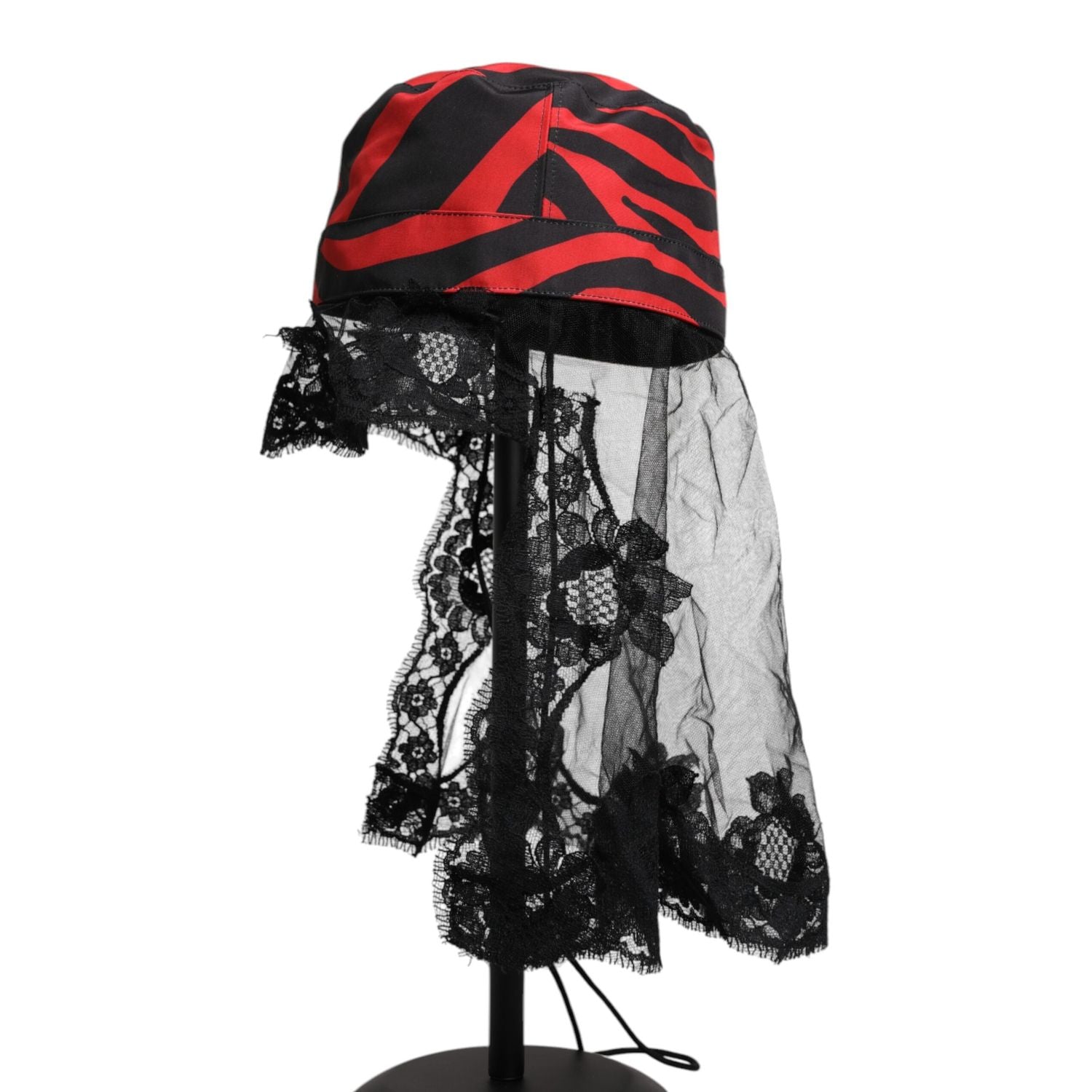 Dolce & Gabbana Black Red Stripes Lace Tulle Bucket Hat