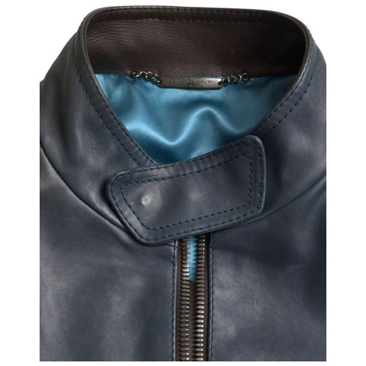Dolce & Gabbana Blue Leather Full Zip Biker Blouson Jacket blue-leather-full-zip-biker-blouson-jacket