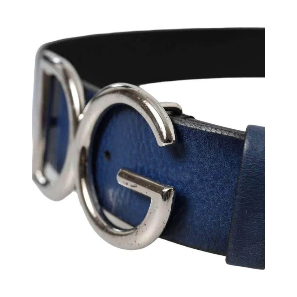 Dolce & Gabbana Blue Calf Leather Silver DG Logo Buckle Belt blue-calf-leather-silver-dg-logo-buckle-belt