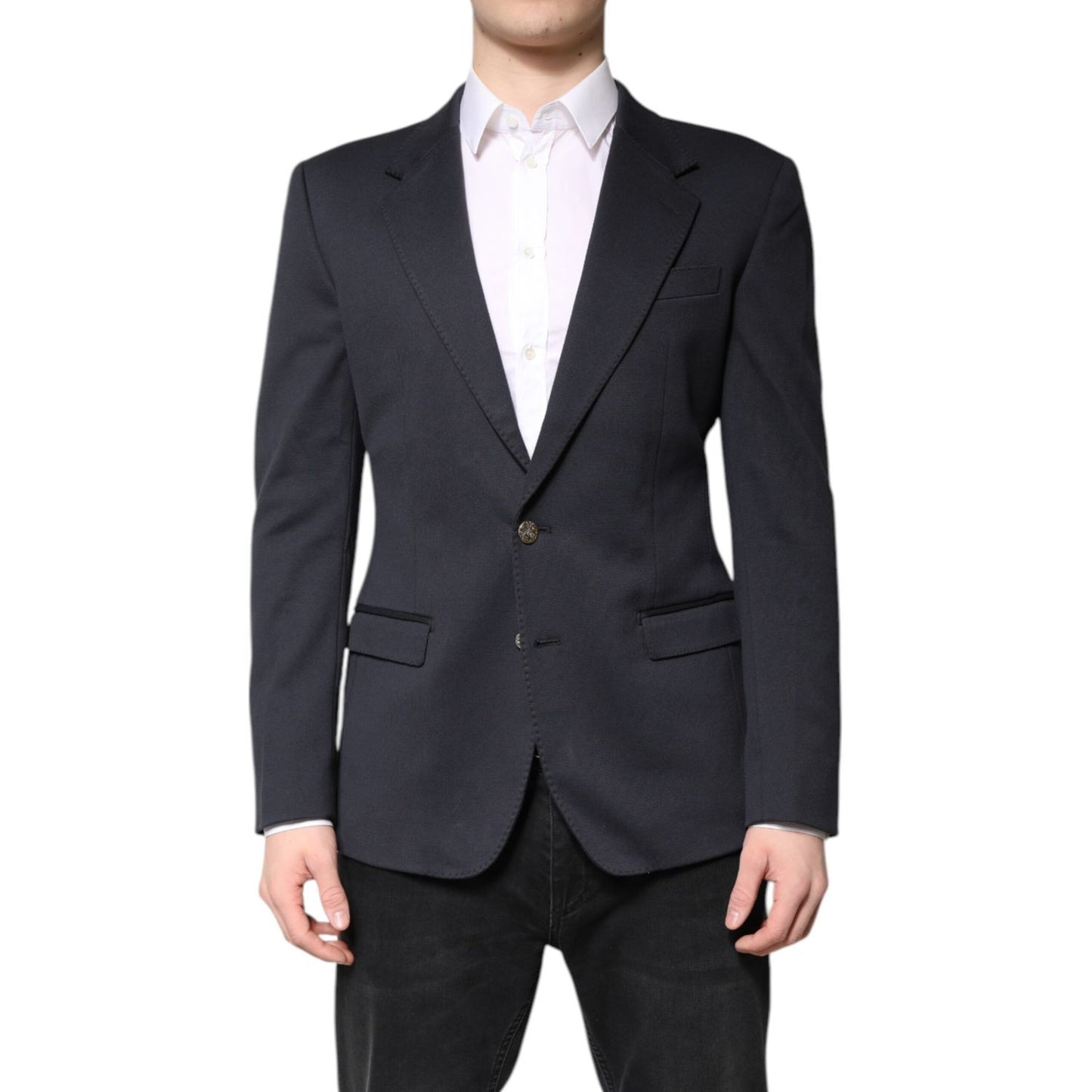 Dolce & Gabbana Dark Blue Cotton Men Jacket Coat Suit Blazer