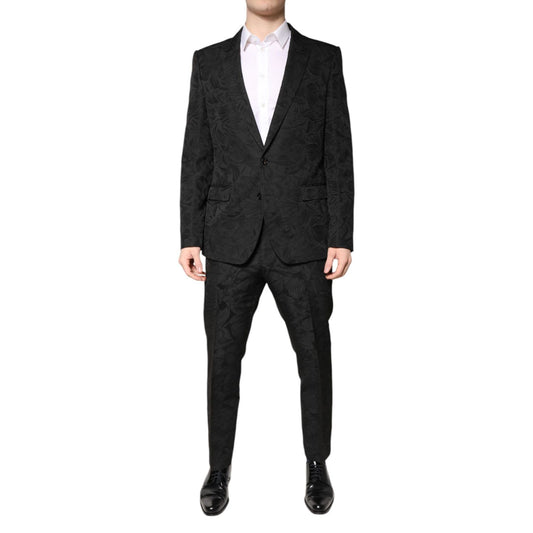 Dolce & Gabbana Black Polyester Floral Jacquard 2 Piece Suit