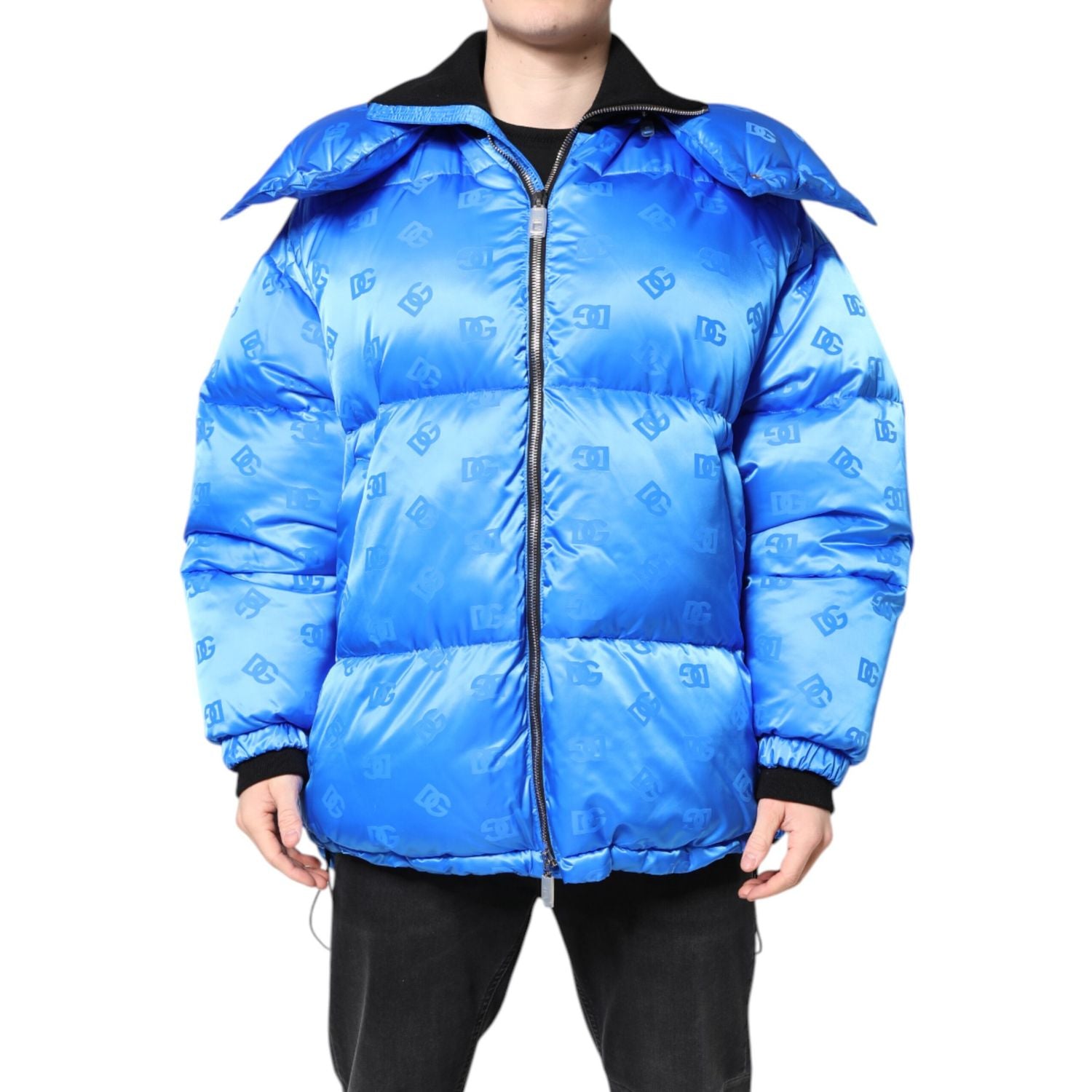 Dolce & Gabbana Blue Logo Full Zip Hooded Quilted Jacket