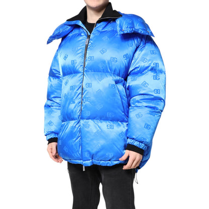 Dolce & Gabbana Blue Logo Full Zip Hooded Quilted Jacket Dolce & Gabbana