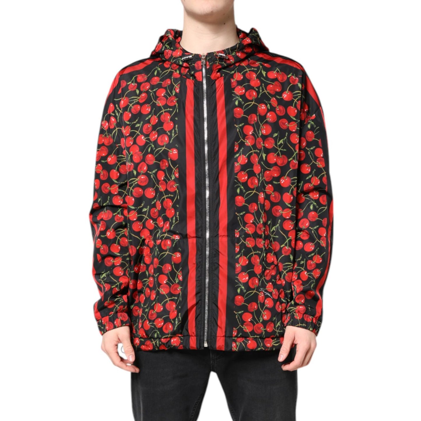 Dolce & Gabbana Black Cherry Print Hooded Windbreaker Jacket