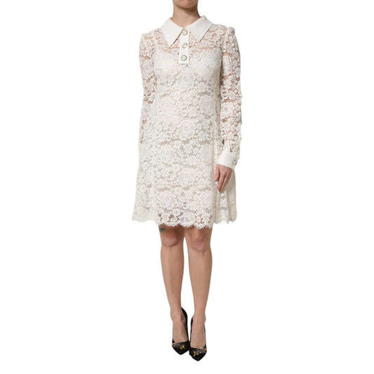 Dolce & Gabbana White Floral Lace Long Sleeves Shift Dress Dolce & Gabbana