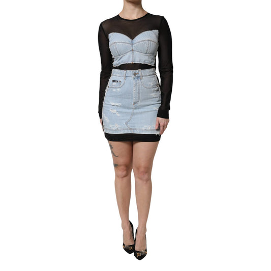 Dolce & Gabbana Black Blue Long Sleeves Denim Mini Dress Dolce & Gabbana