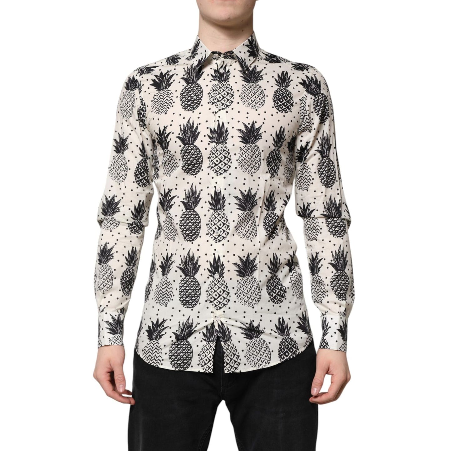 Dolce & Gabbana White Pineapple Print Long Sleeve GOLD Shirt
