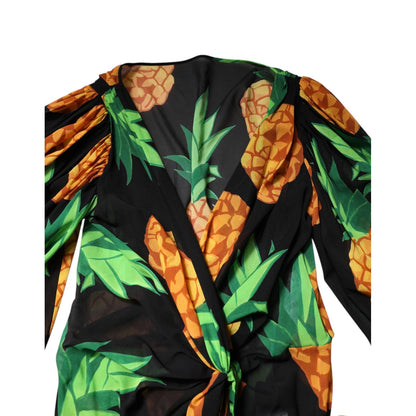 Dolce & Gabbana Black Pineapple Print Silk Wrap Mini Dress