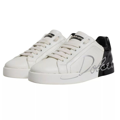 Dolce & Gabbana White Black Logo Portofino Men Sneaker Shoe
