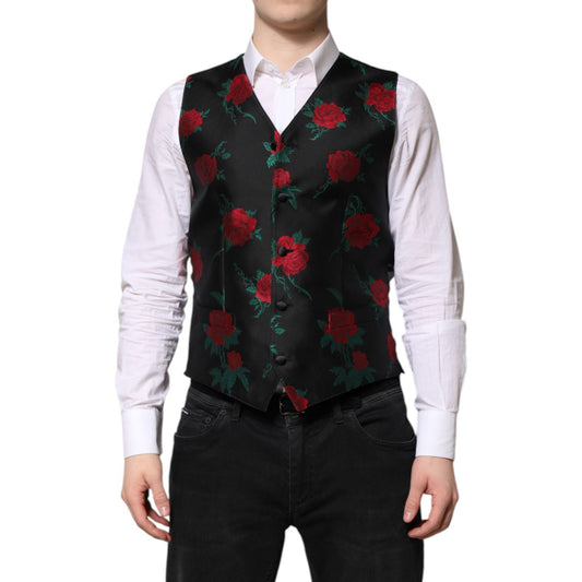 Dolce & Gabbana Red Floral Brocade Formal Men Waistcoat Vest