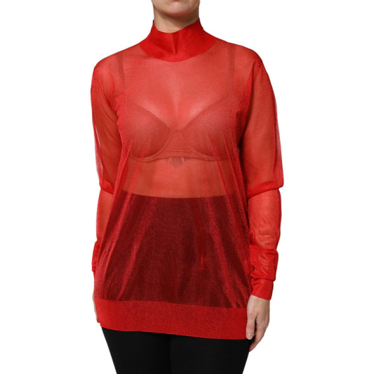 Dolce & Gabbana Red Tulle Turtleneck Long Sleeve Blouse Top Dolce & Gabbana