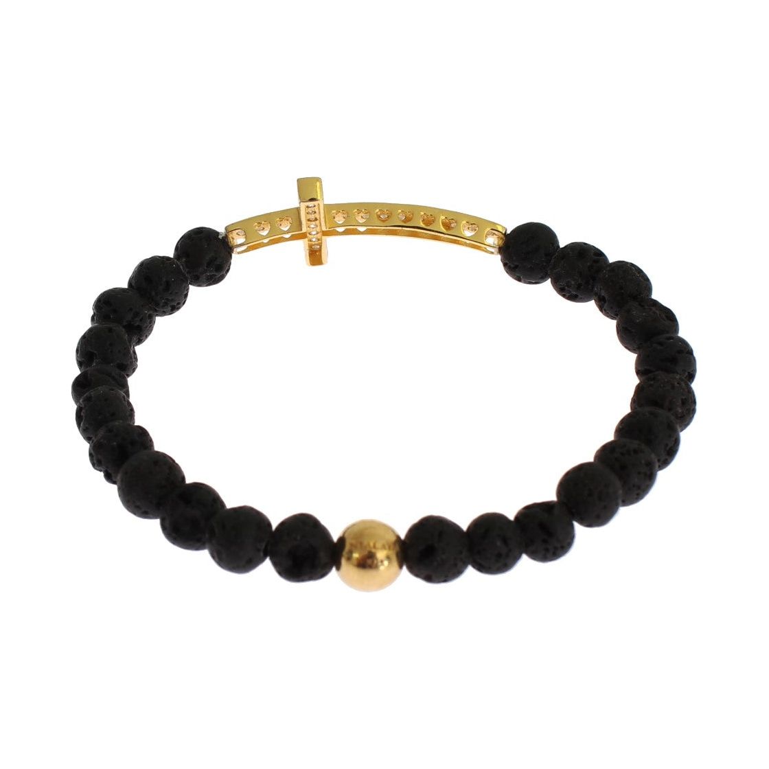 Nialaya Elegant Gold & Black Lava Stone Bracelet Bracelet lava-stone-gold-clear-cz-cross-925-silver-bracelet