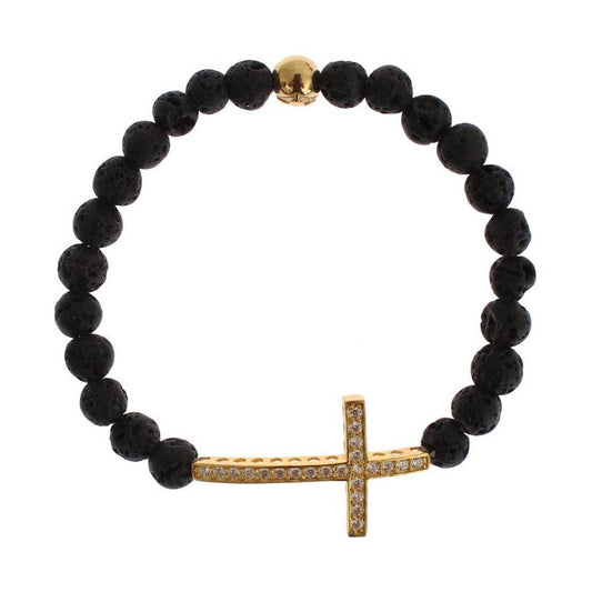 Nialaya Elegant Gold & Black Lava Stone Bracelet Bracelet lava-stone-gold-clear-cz-cross-925-silver-bracelet