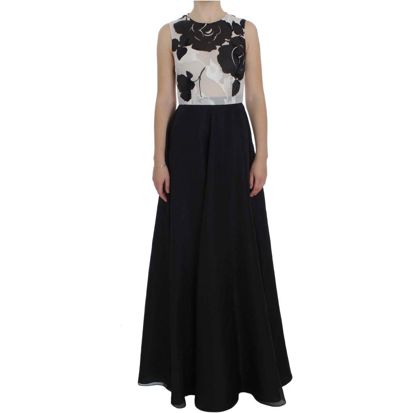 Dolce & Gabbana Black White Floral Silk Sheath Gown Dress