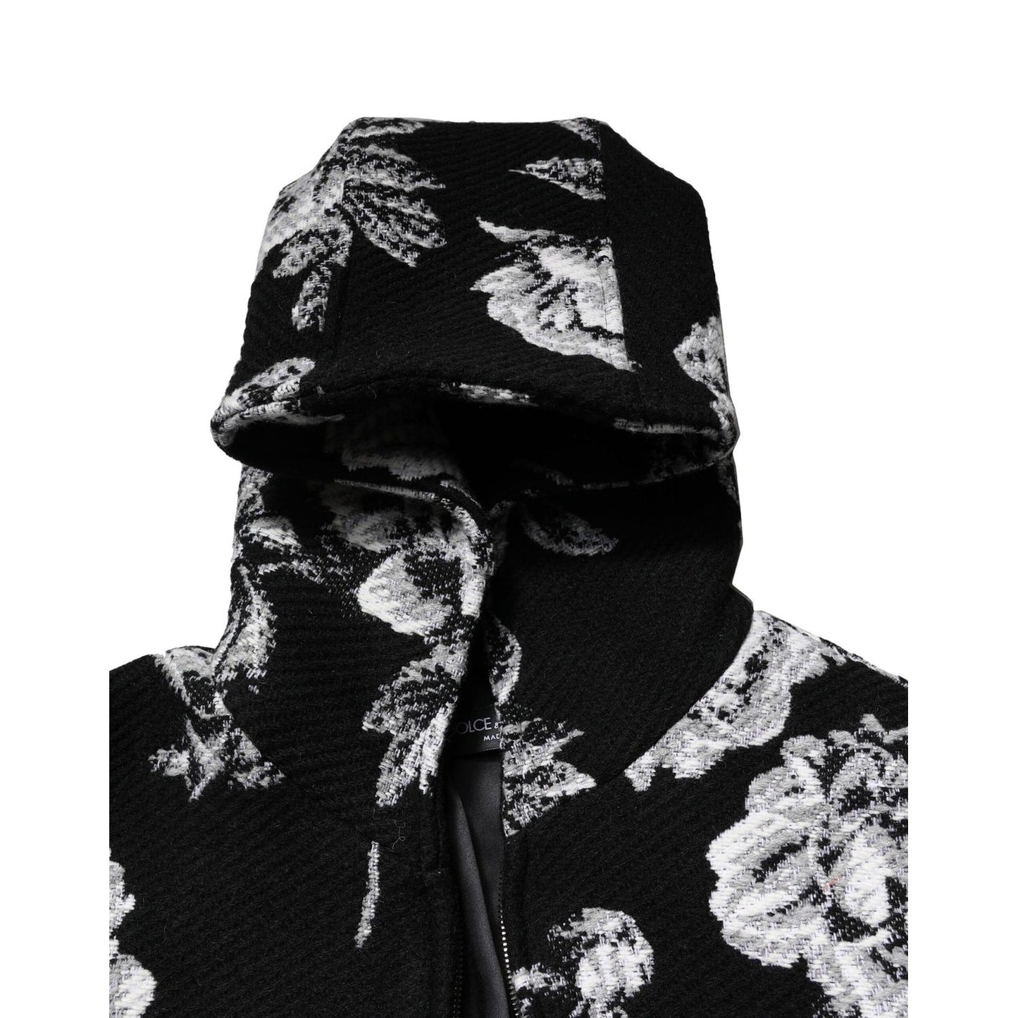 Dolce & Gabbana Black Wool Floral Printed Men Hooded Jacket