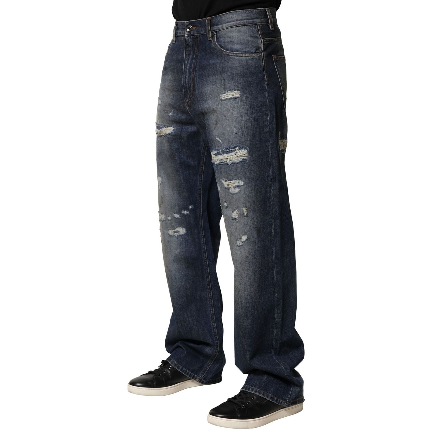 Dolce & Gabbana Blue Washed Tattered Cotton Men Jeans