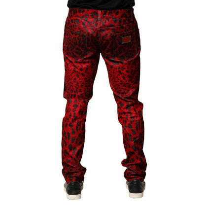Dolce & Gabbana Red Leopard Print Cotton Skinny Denim Jeans