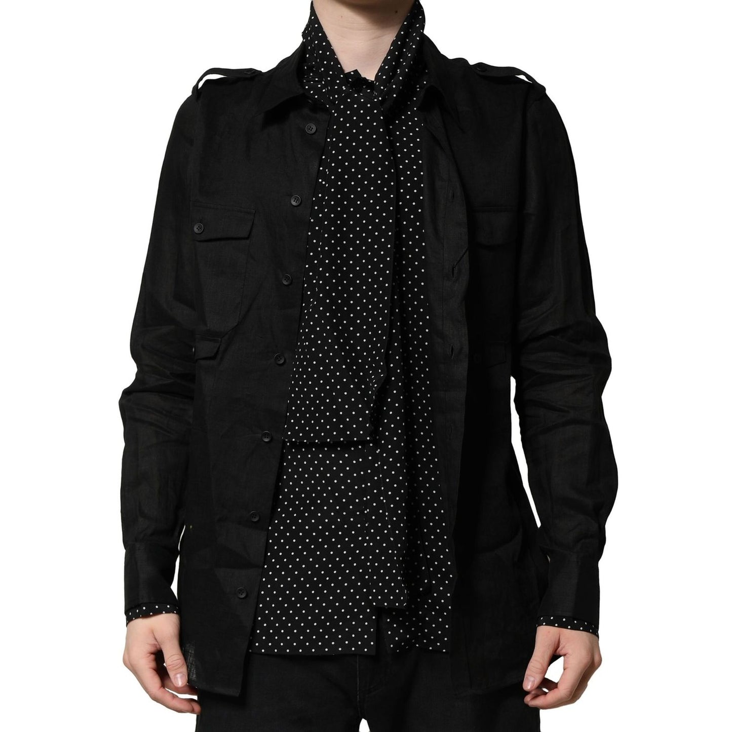 Dolce & Gabbana Black Polka Dot Linen Silk Men Casual Shirt