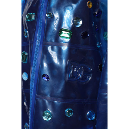 Dolce & Gabbana Blue Crystal Hooded Raincoat Jacket