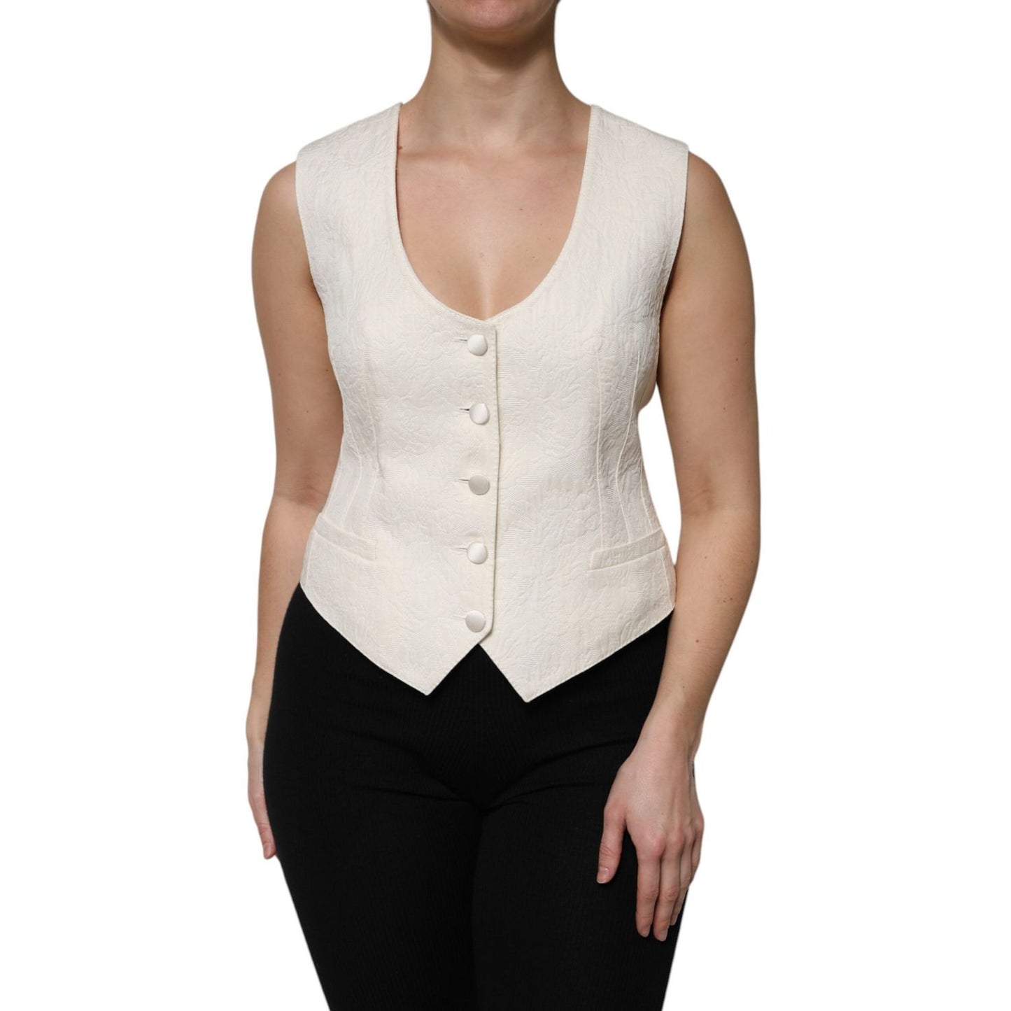 Dolce & Gabbana Ivory Cotton Button Down Sleeveless Vest Top