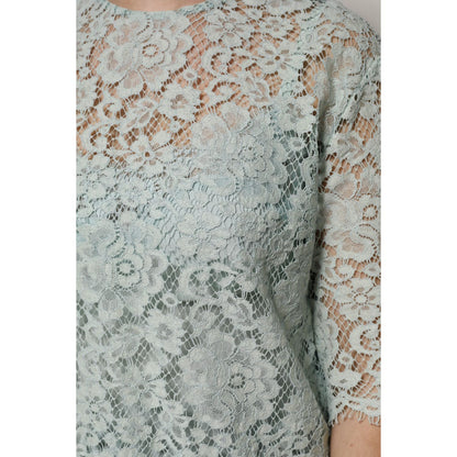 Dolce & Gabbana Mint Green Floral Lace Cotton Blouse Top